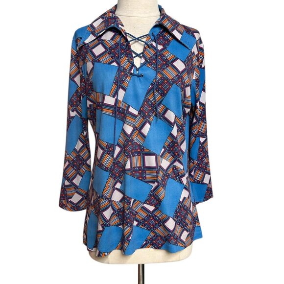 70s vintage pointed collar patchwork pattern top boho hippy 3/4 sleeve print. - Picture 1 of 8
